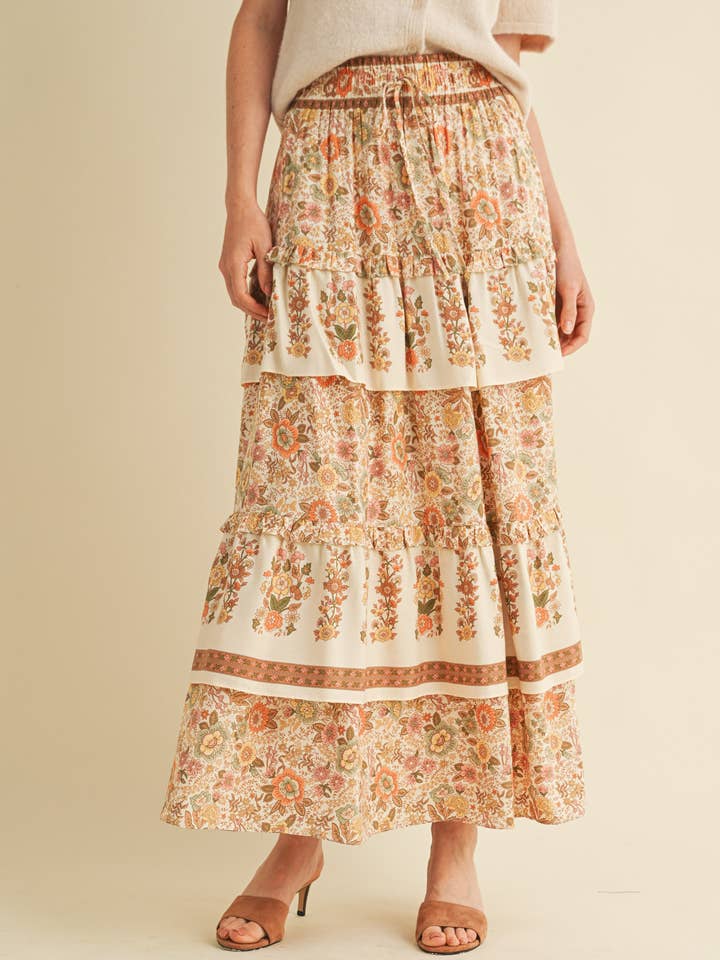 &MERCI - Wholesale Skirt - Women's - RUFFLE TIERED BORDER PRINT MIDI SKIRT MSK4166