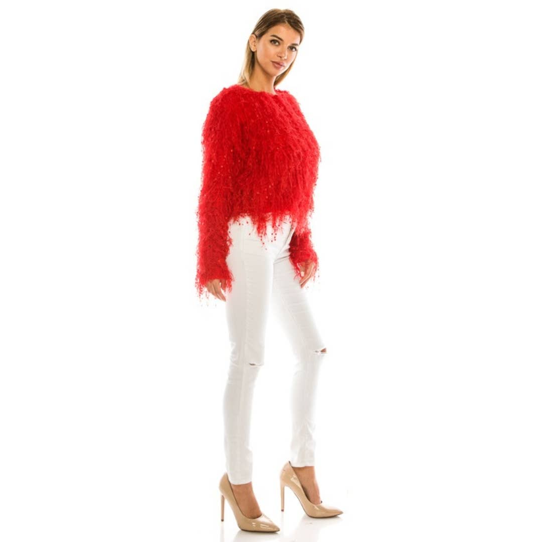Rosso MAGLIONE CON FRANGE SIMILI A PIUME in vendita all'ingrosso su Faire2