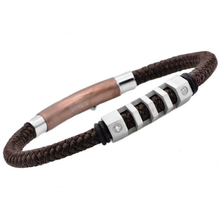 Men's Stainless Steel Brown Cotton Rope Bracelet for wholesale by Blackjack Mens Jewelry