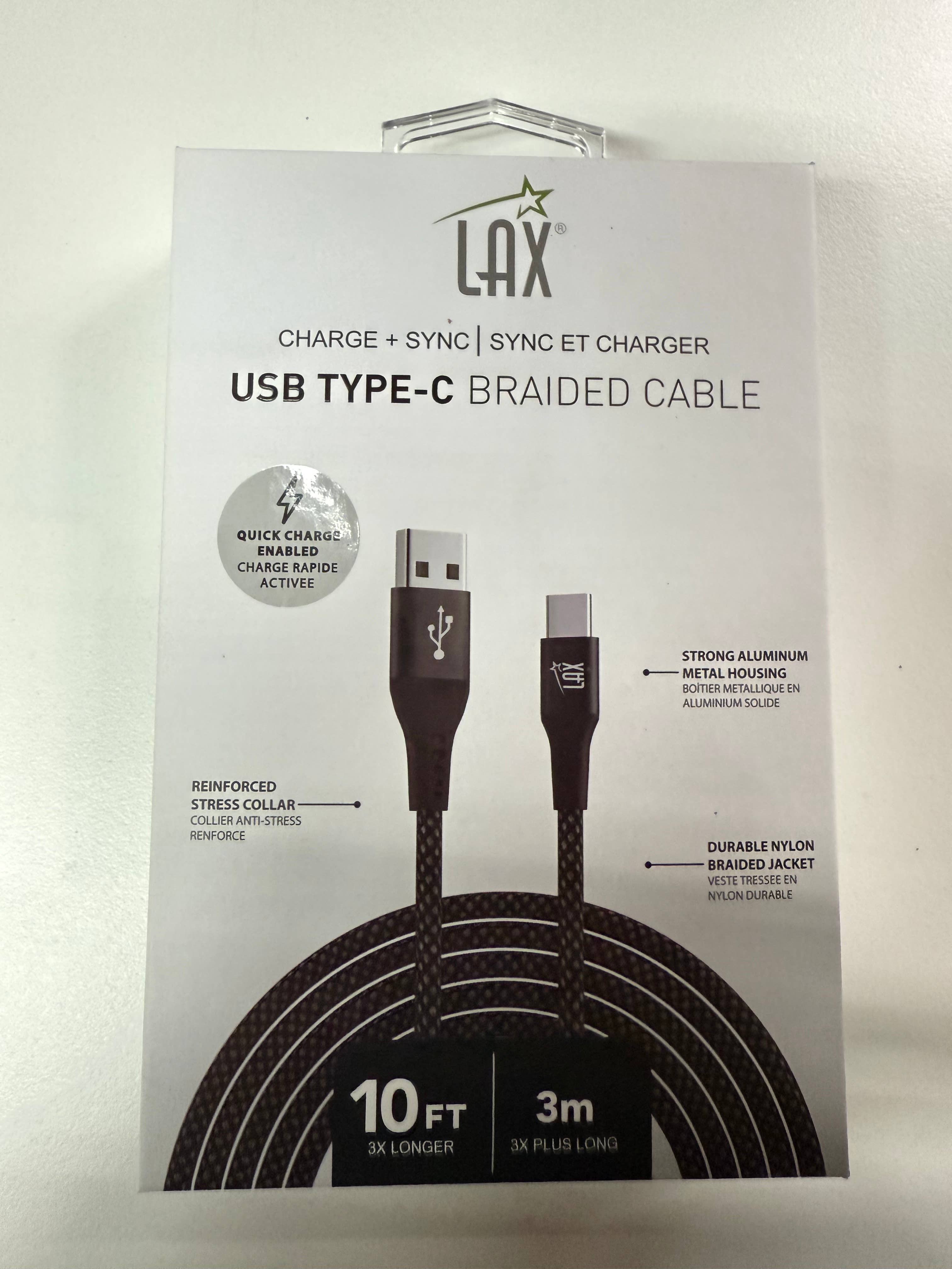 LAX Gadgets - Vendita all'ingrosso Cavo di ricarica - Cavo USB-C in Nylon a Rete LAX - 10 Piedi - Nero - Confezione al Dettaglio2