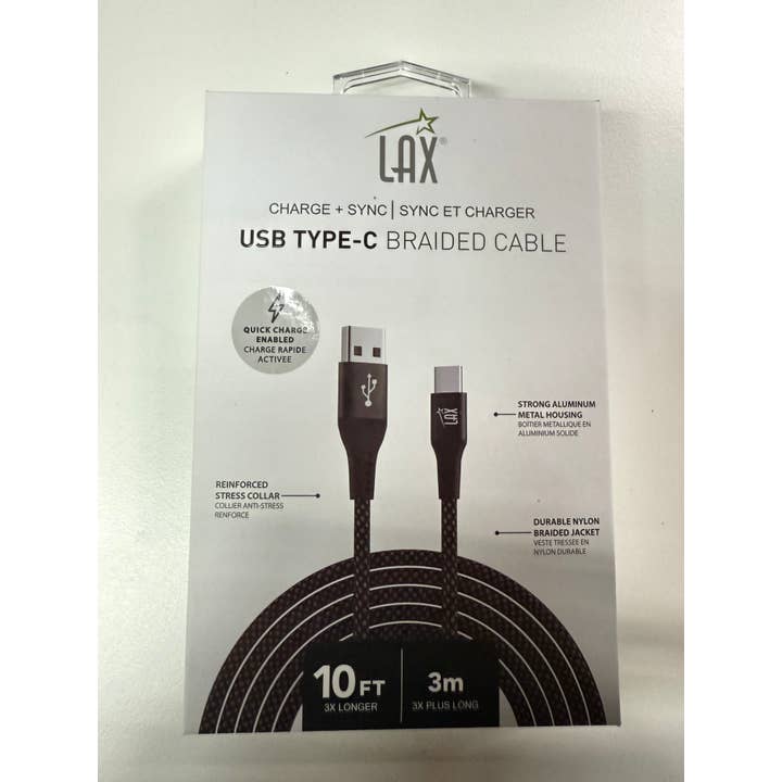 LAX Gadgets - Vendita all'ingrosso Cavo di ricarica - Cavo USB-C in Nylon a Rete LAX - 10 Piedi - Nero - Confezione al Dettaglio2