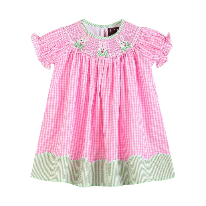 Lil Cactus - Wholesale Dress - Kids - Pink Gingham Bunnies Smocked Bishop Dress