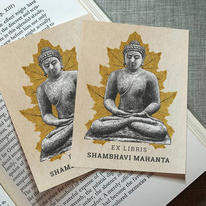 Buddha auf dem Borobudur, Ex-Libris-Exlibris aus gummiertem Papier für den Großhandel von Ebon et Noir LLC