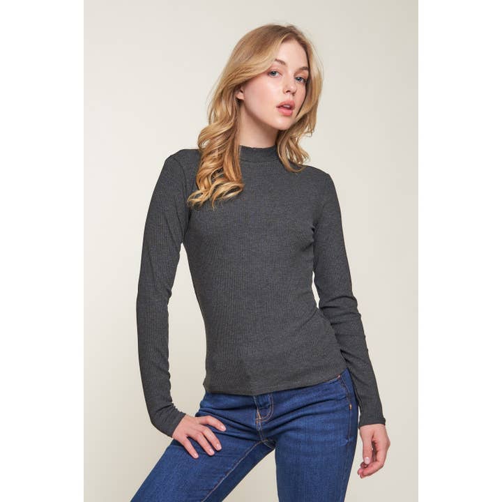 Mock Neck Long Sleeve Rayon Rib Knit Top for wholesale by Popular 21