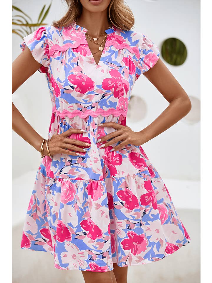 Little Daisy Closet - Wholesale Dress - Women's - LDC Floral V Notched Ric Rac Flutter Sleeve Dress
