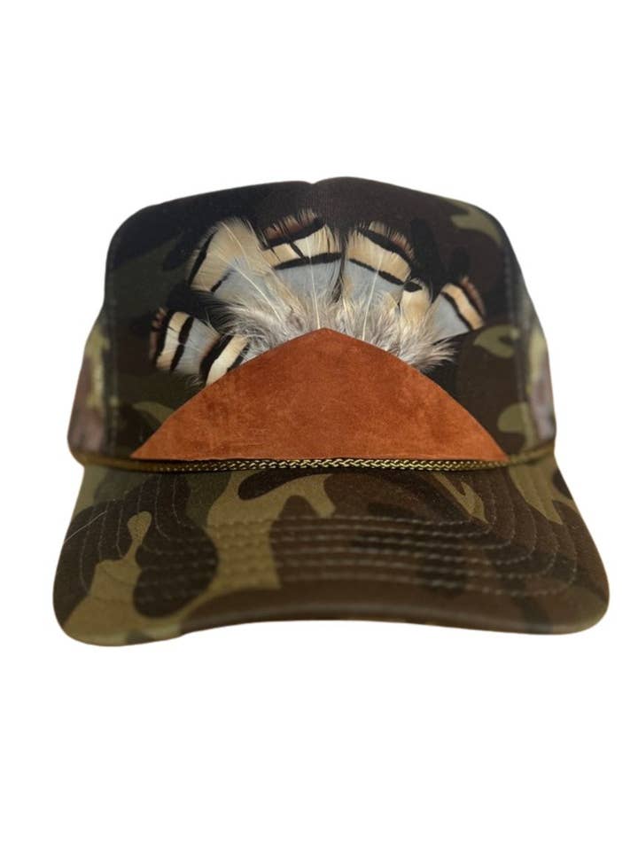 Camo Trucker Leather Remnant + Feather Trim Hat for wholesale by Remnant