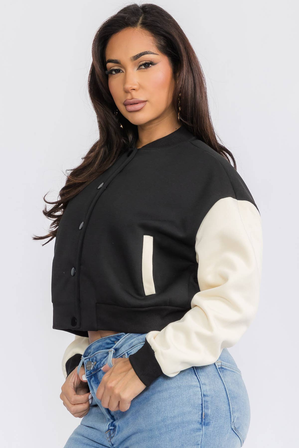 H&H Fashion Inc. - Wholesale Varsity/Baseball Jacket - Women's - 12371 - Color-Block Cropped Varsity Jacket6
