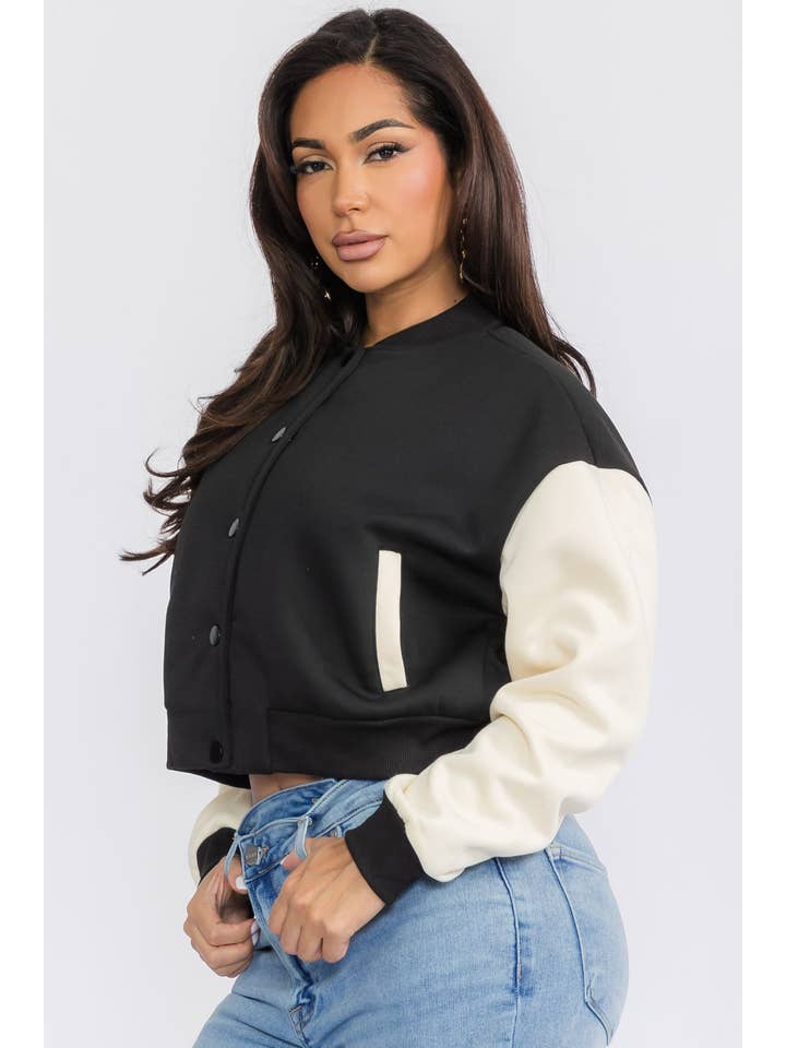 H&H Fashion Inc. - Wholesale Varsity/Baseball Jacket - Women's - 12371 - Color-Block Cropped Varsity Jacket6