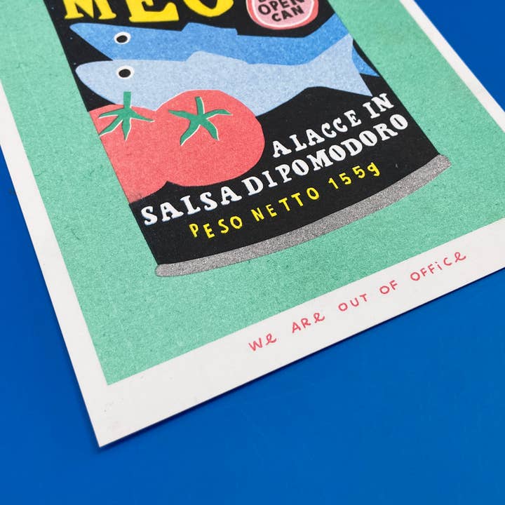 We are out of office - Wholesale Art Print - A risograph print of a can mega sardines