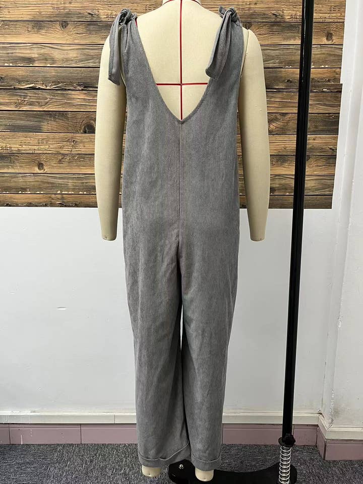 Sleek Grey V-neck Jumpsuit Essential wide leg Playsuit for wholesale on Faire