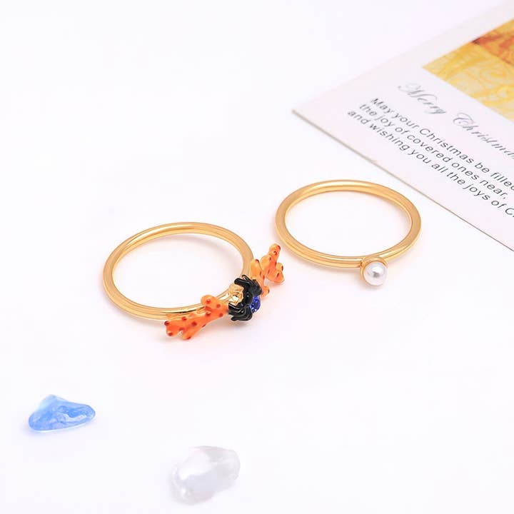 Ring set hand painted enamel with copper-plated 14K gold and inlaid pearl for wholesale by Exsito