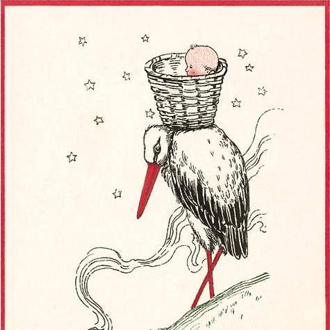 Kunstdruck BY-39 Storch mit Baby im Korb, Ankündigung für den Großhandel von Found Image Press