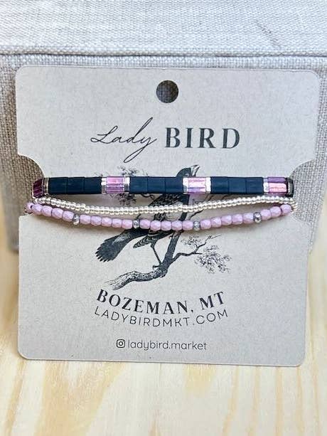 Black, Sparkly Lilac & Tea Rose Pink Tila Bead Stacked Bracelet Set for wholesale by Lady Bird Market
