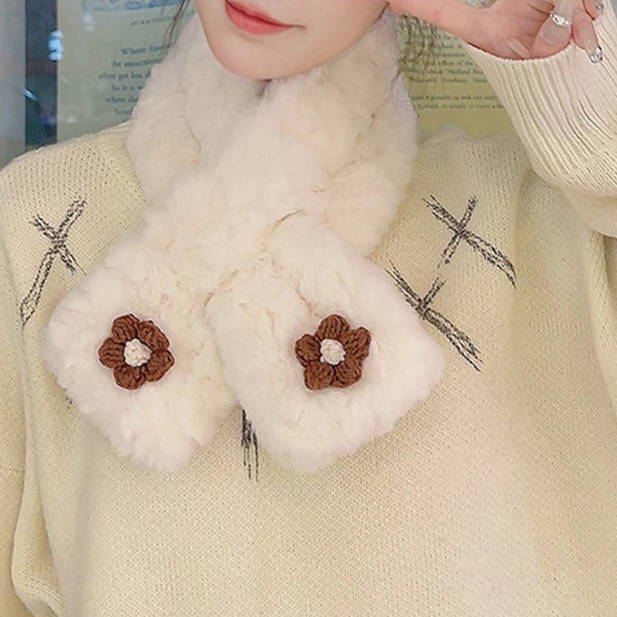 ACCITY - Wholesale Scarf - Women's - Brown Floral Fuzzy Scarf - Neck Wrap for Students_CWASC12516