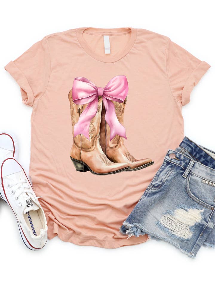 Tickled Teal - Wholesale Screen Printed T-Shirt - Women's - Cowgirl Boots with Bow Graphic Tee | Coquette3