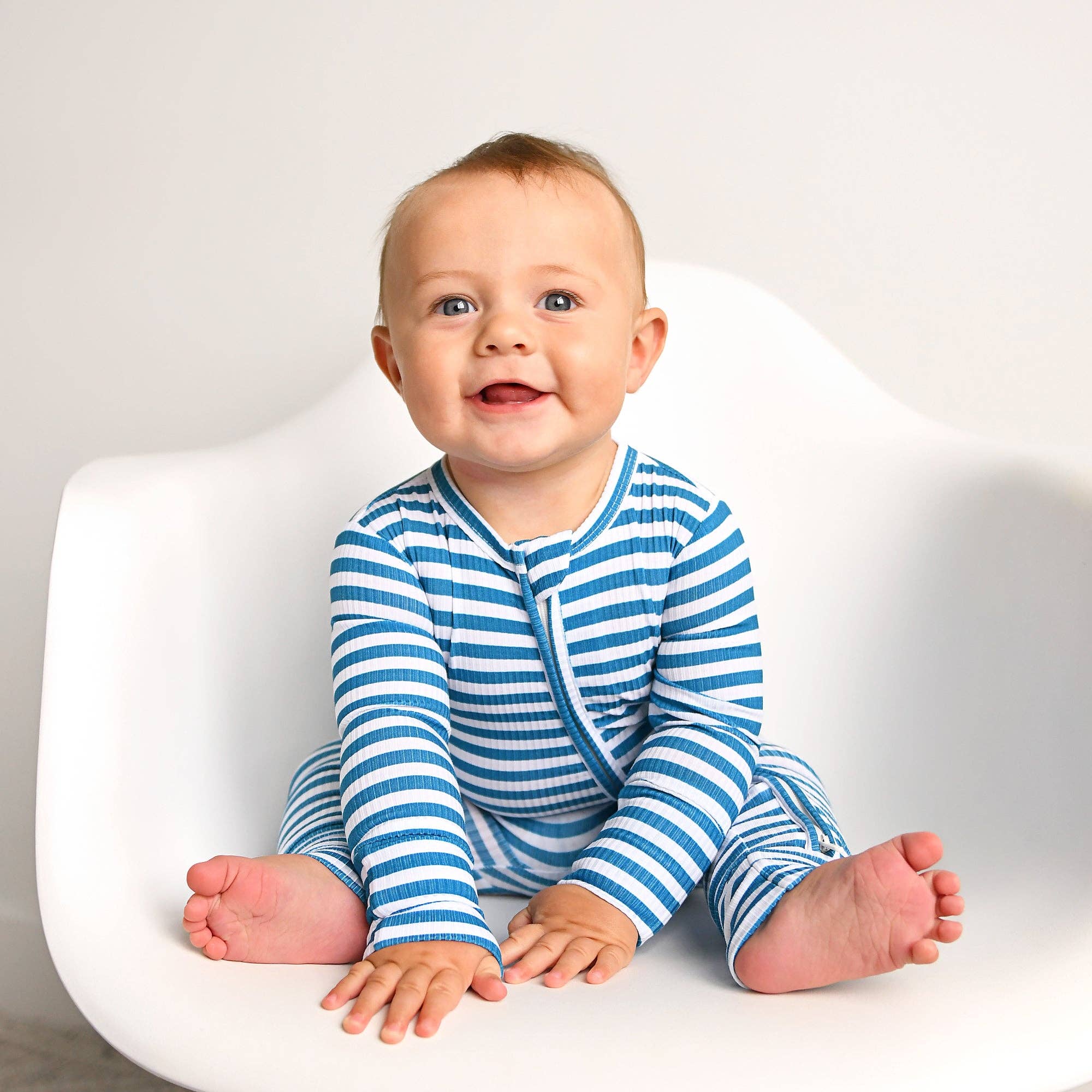 Gigi and Max - Wholesale Jumpsuit - Baby - Cooper Blue Ribbed ZIP Bamboo Striped One Piece 2-Way Zipper1