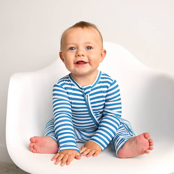 Gigi and Max - Wholesale Jumpsuit - Baby - Cooper Blue Ribbed ZIP Bamboo Striped One Piece 2-Way Zipper1