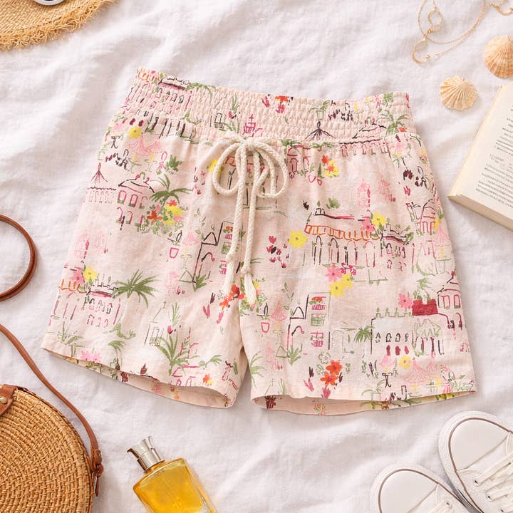 DRAWSTRING PRINTED SHORTS IN BLUSH for wholesale by Winslow Collection
