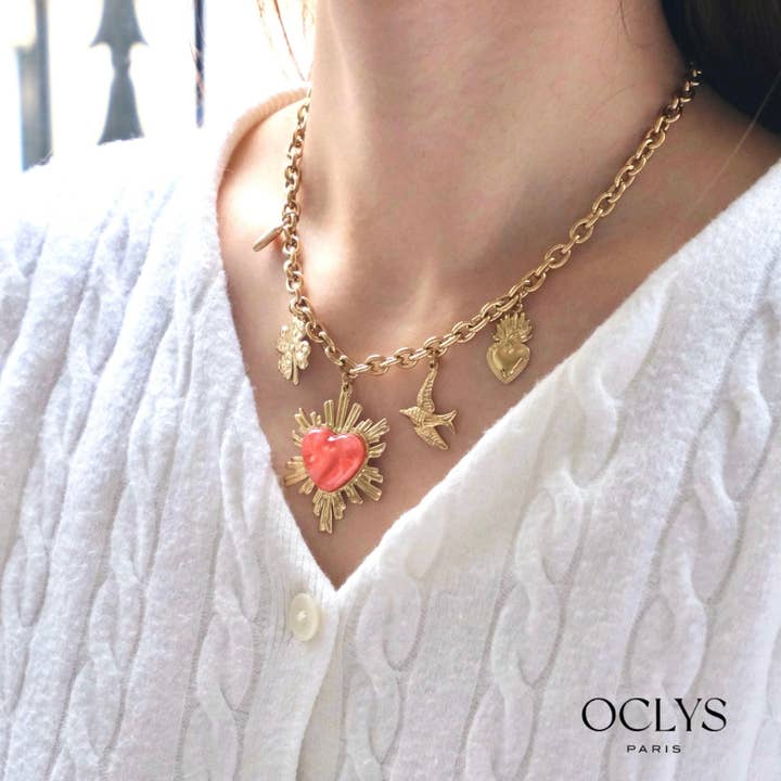 Oclys - Wholesale Pendant/Charm Necklace - Sacred heart chain necklace with colorful charms in stainless steel