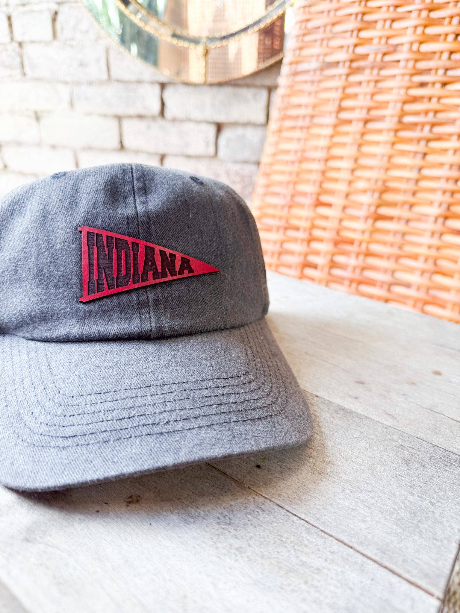 Left Grain - Wholesale Baseball Cap - Women's - Indiana Pennant Leather Patch Hat on Charcoal Dad Hat3