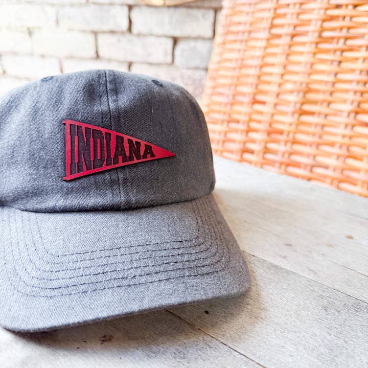 Left Grain - Wholesale Baseball Cap - Women's - Indiana Pennant Leather Patch Hat on Charcoal Dad Hat3