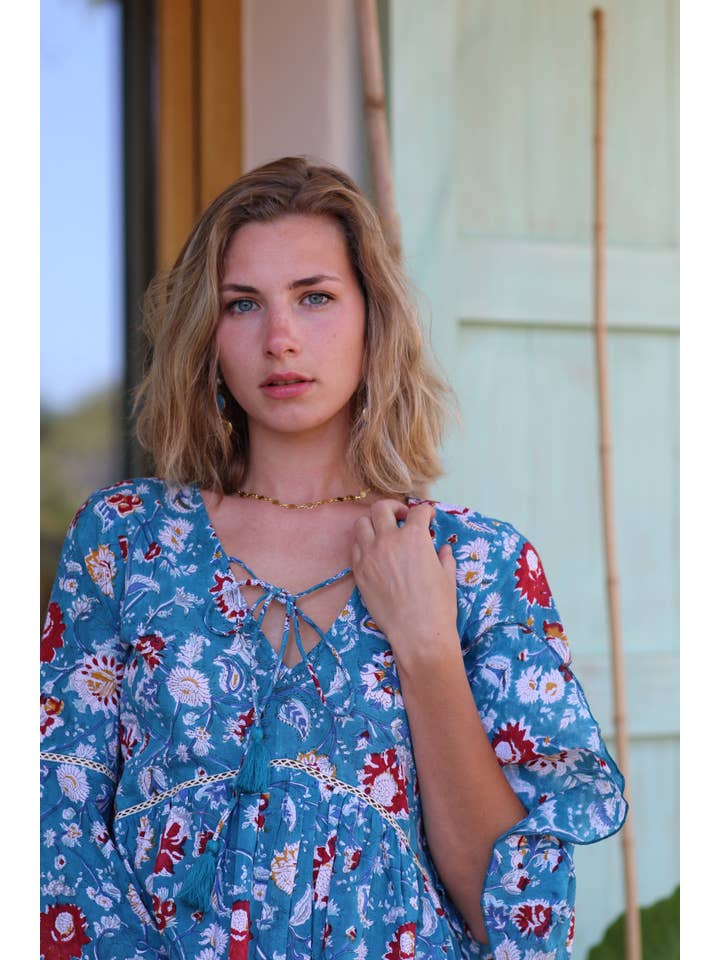 Aurobelle Ibiza - Wholesale Dress - Women's - Byron boho dress long in Jaipur blue hand block print