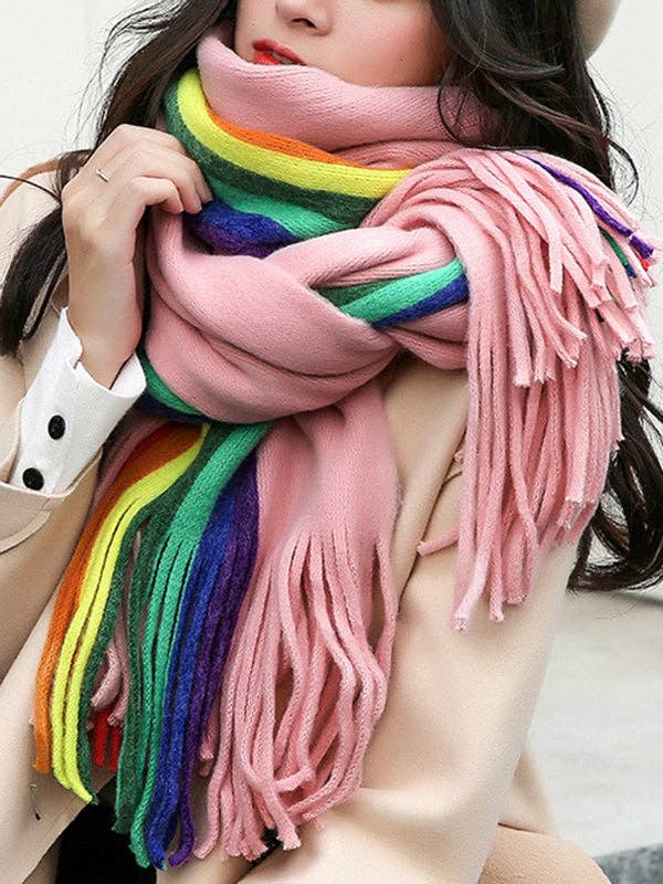 UZ Wholesale Store - Wholesale Scarf - Women's - Contrast Color Keep Warm Multi-Colored Tasseled Scarf0