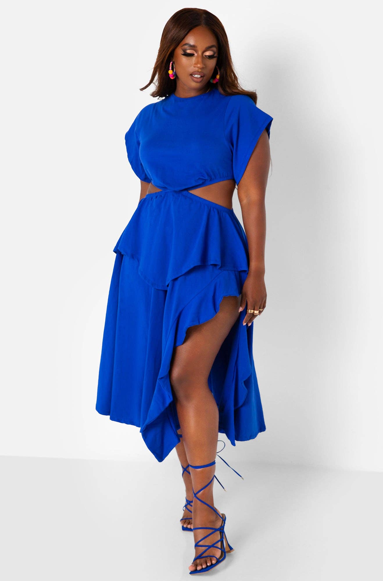 Selfie Ready Cut Out High Slit Midi Skater Dress - Royal Blue for wholesale on Faire0