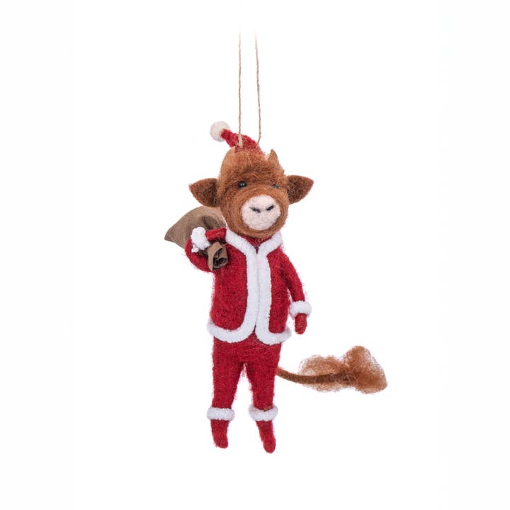 Highland Cow Santa with Sack Felt Decoration for wholesale by Sass & Belle Europe