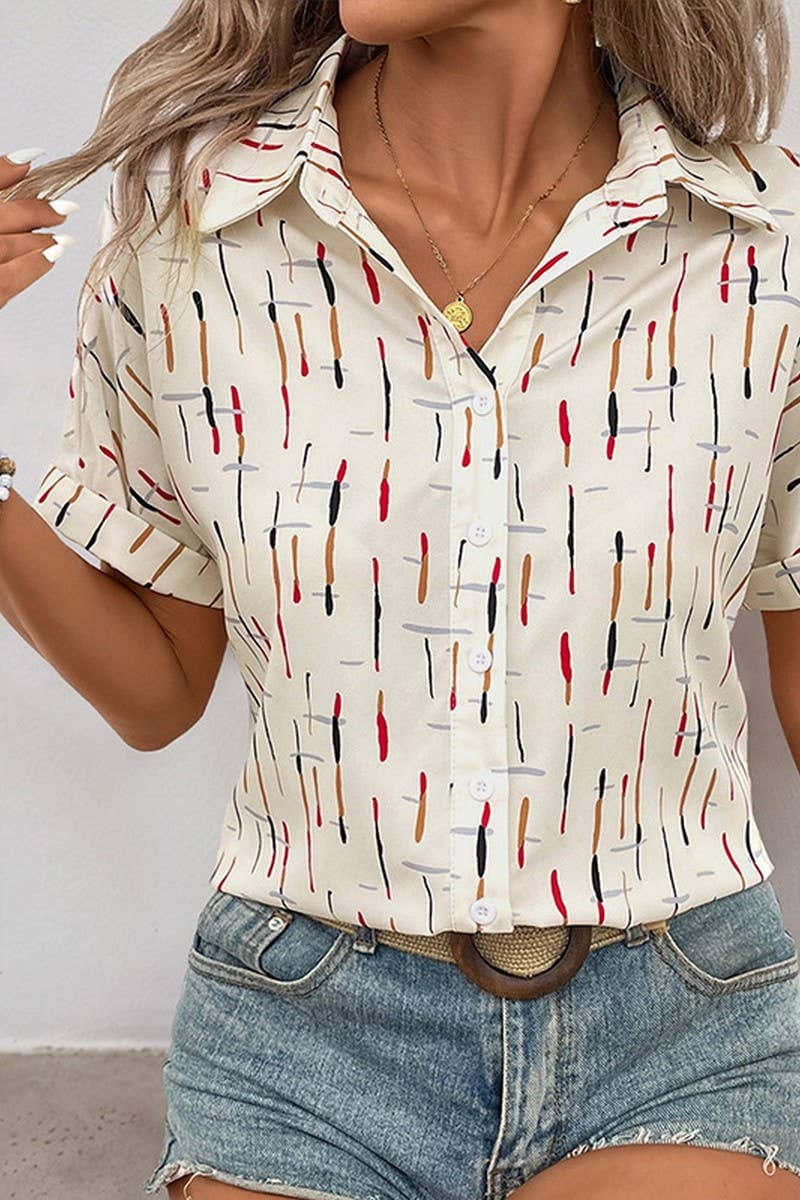 WHITE CWTSTS0516_CONTRAST LAPEL LINE PRINT SHORT SLEEVE SHIRT for wholesale on Faire4