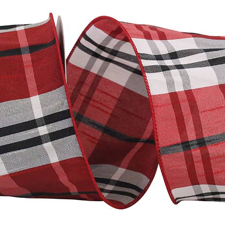 RELIANT RIBBON - Wholesale Ribbon - Gift Wrapping - Dupioni Plaid Burbank Wired Edge, Red/black, 4 In, 10 Yards
