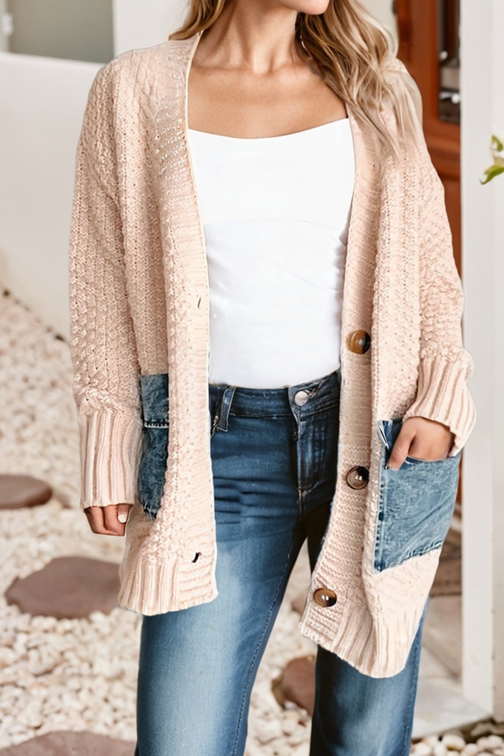 Smoke Gray  LDC Open Front Knitted Denim Pocket Patchwork Cardigan for wholesale on Faire0