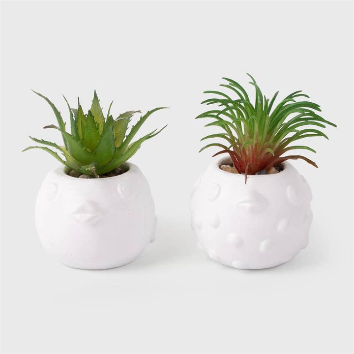 Artificial Plant in Ceramic Fish Pot, Cement, 2/s, 3"x4" for wholesale by Truu Design
