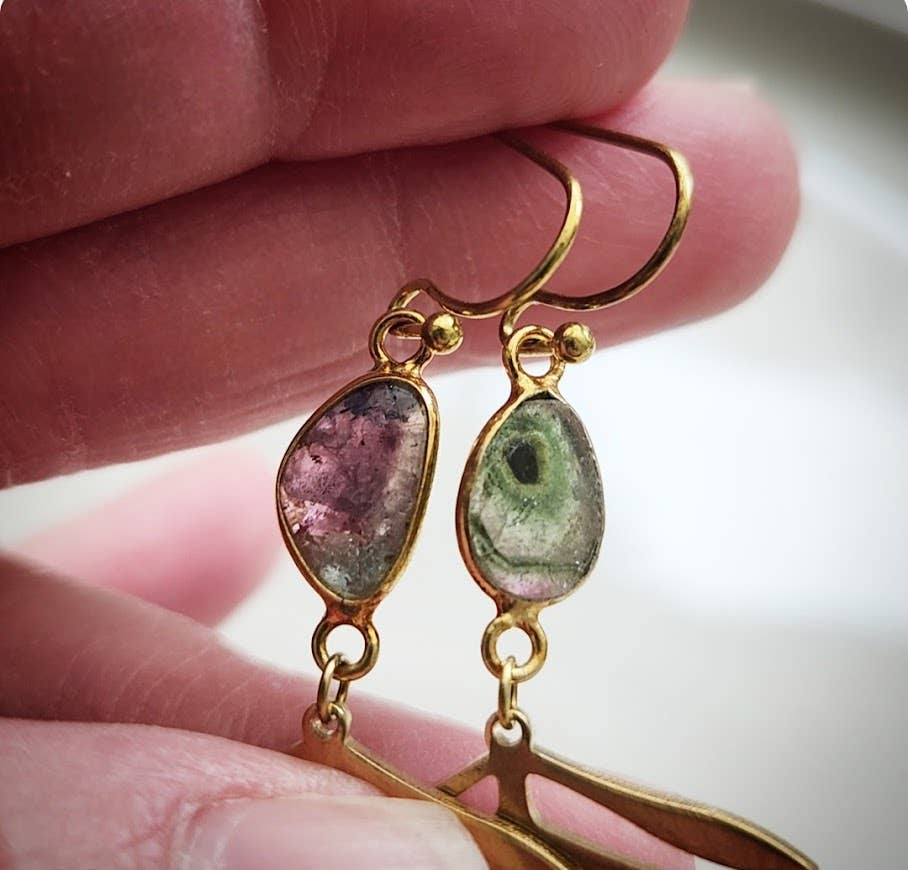 Sara Sela Jewelry - Wholesale Dangle Earrings - Brass Fern Leaf & Watermelon Tourmaline Dangle Earrings2