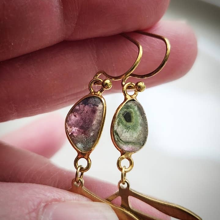Sara Sela Jewelry - Wholesale Dangle Earrings - Brass Fern Leaf & Watermelon Tourmaline Dangle Earrings2