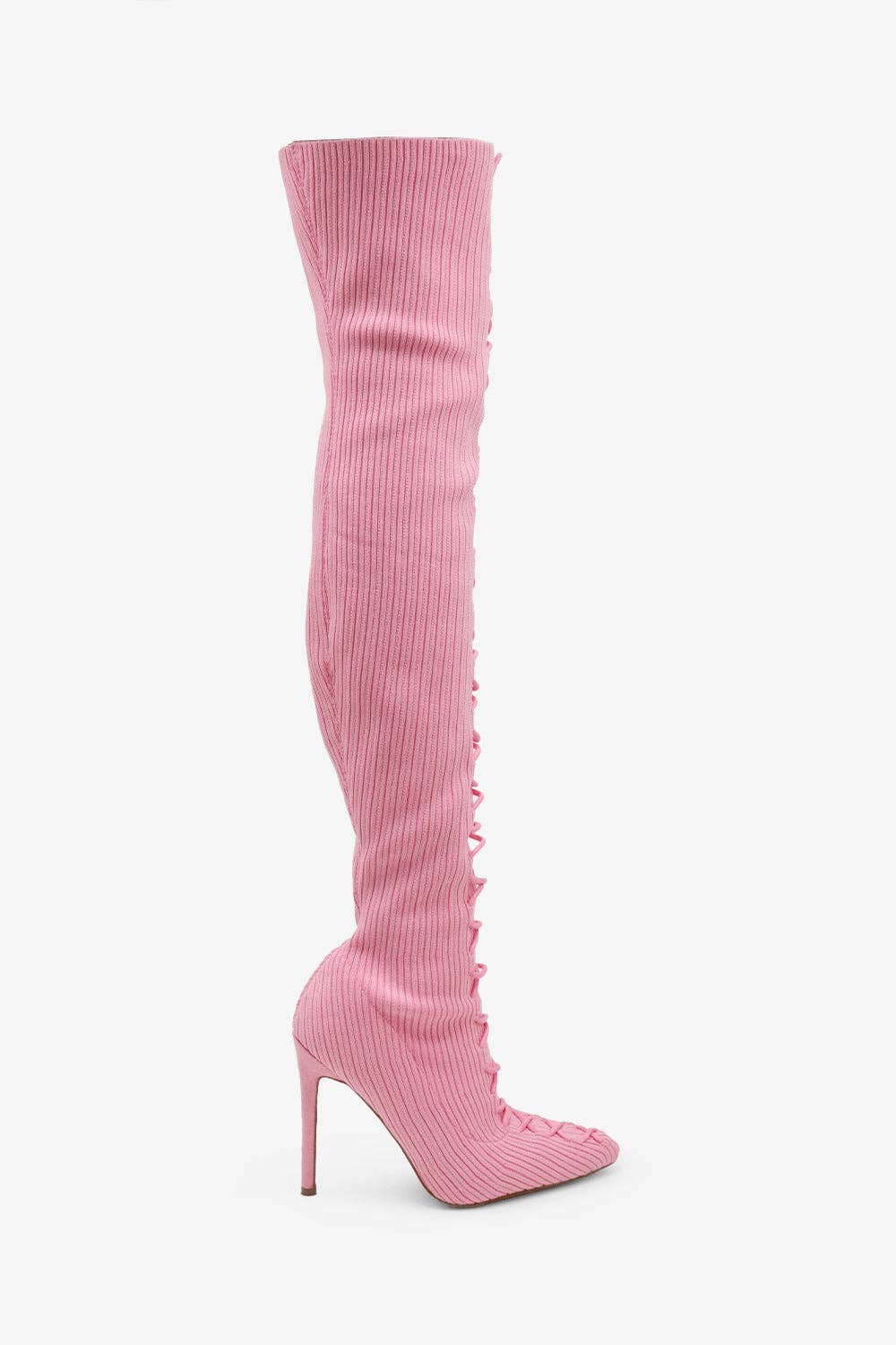 Lemonade Shoes – Botas - Mulher por atacado – ZERI - Bota rosa de tricô tipo meia, acima do joelho com cadarço0