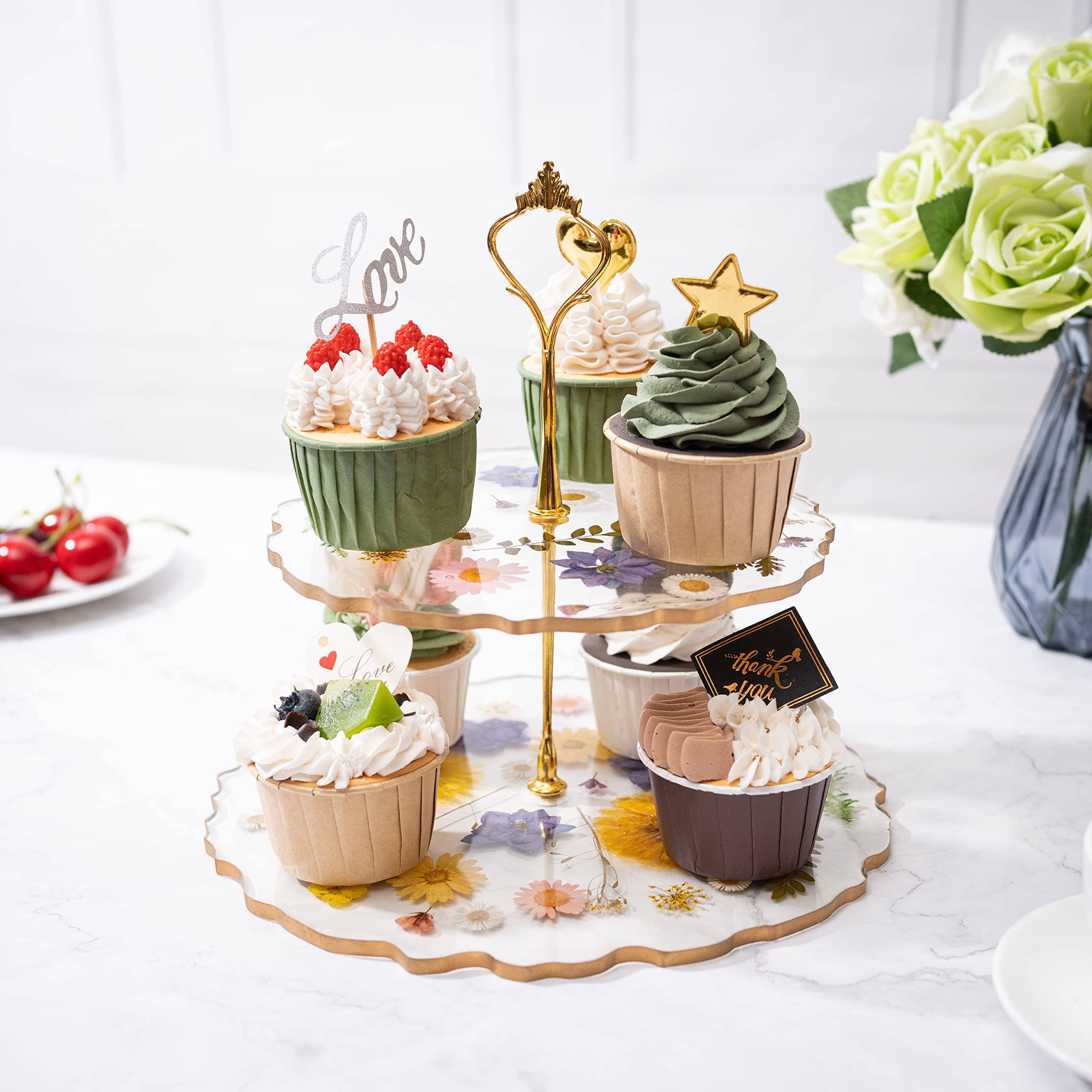 The Wine Savant /  Khen Glassware - Wholesale Cake stand - Floral Cupcake & Cake Dessert Stand, Resin Flower Tower 2