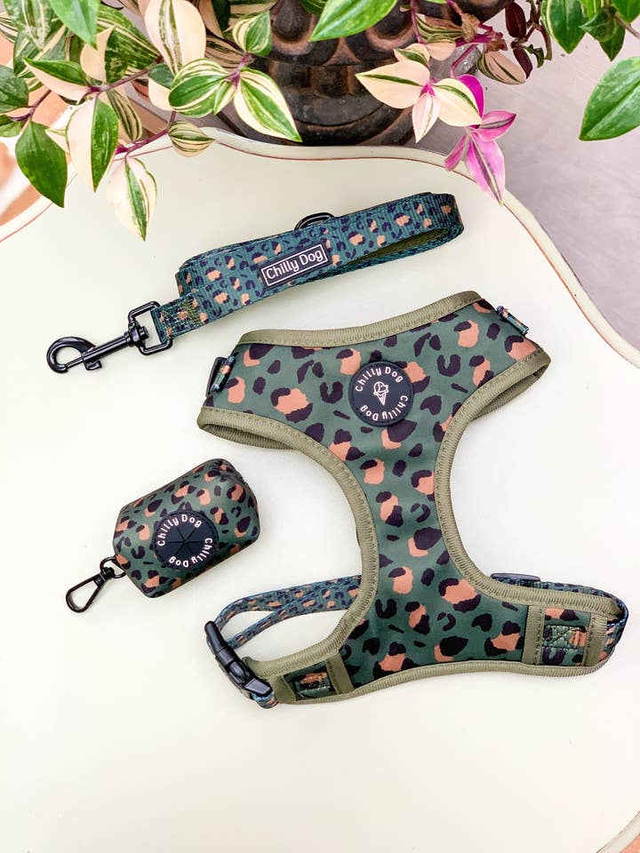 Green Leopard Print Woodland Adventure Puppy Dog Bandana for wholesale by Chilly Dog