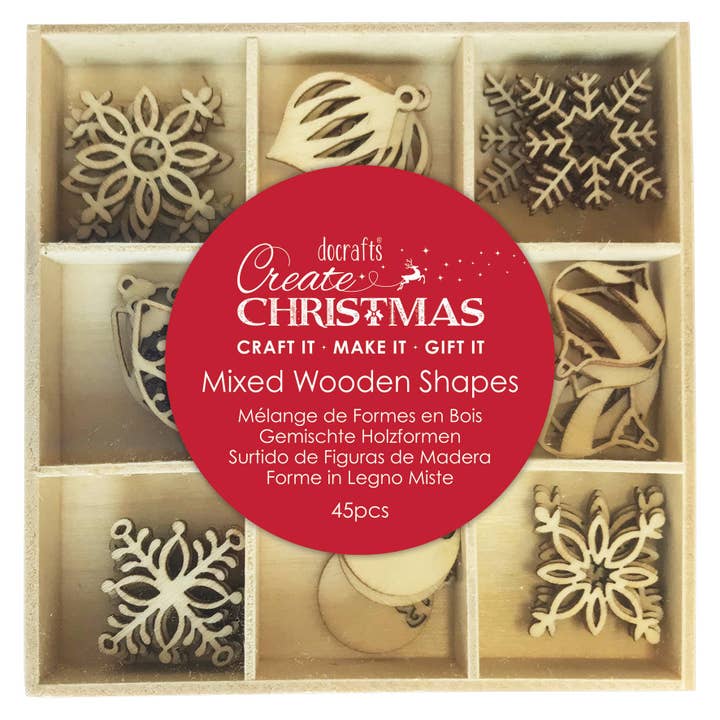 Create Christmas Wooden Shapes Baubles & Flakes, 45 Pieces for wholesale by West Design Products UK