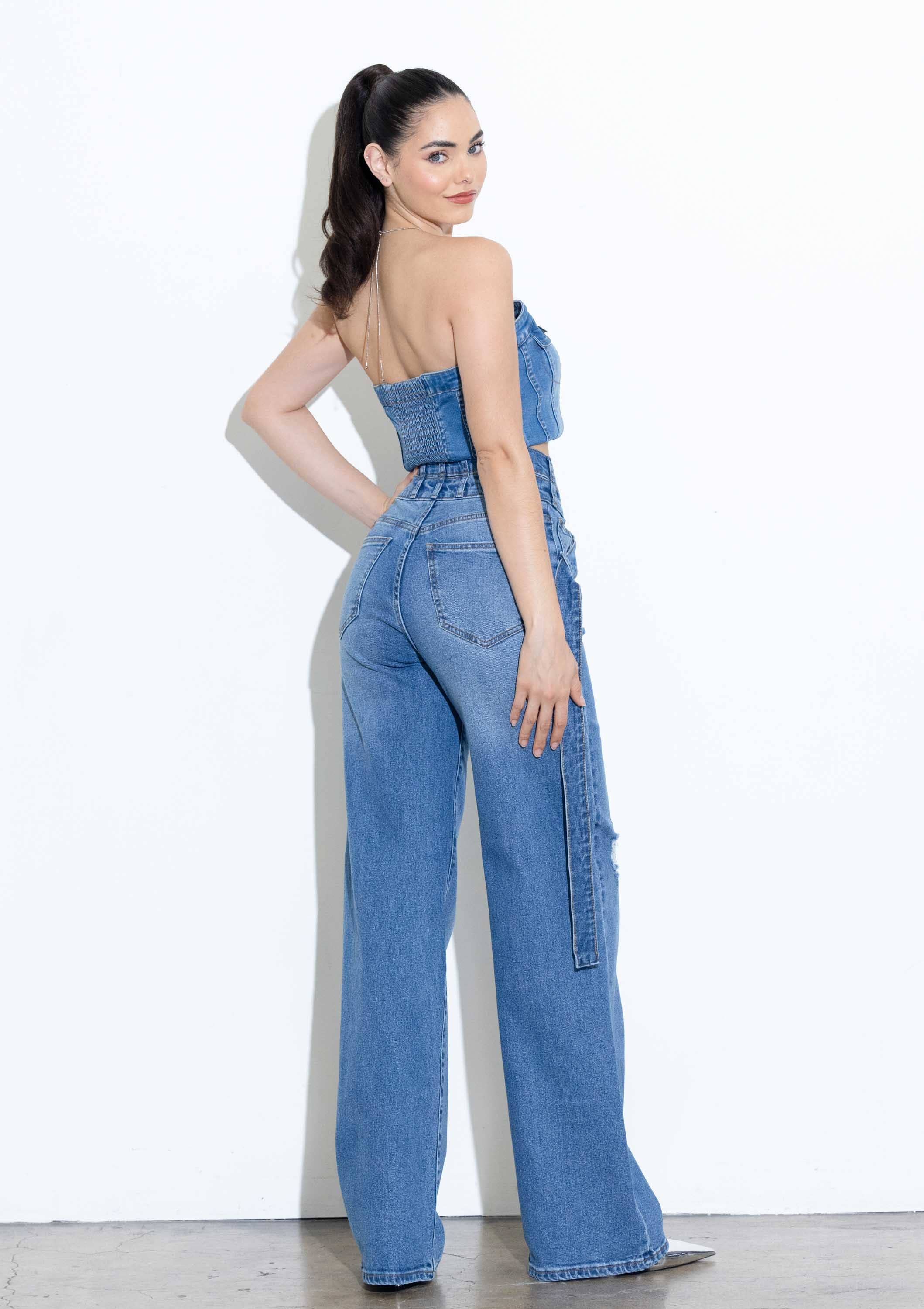 Medium Stone Crossed Waist Belt Line Wide Leg Jeans for wholesale on Faire2