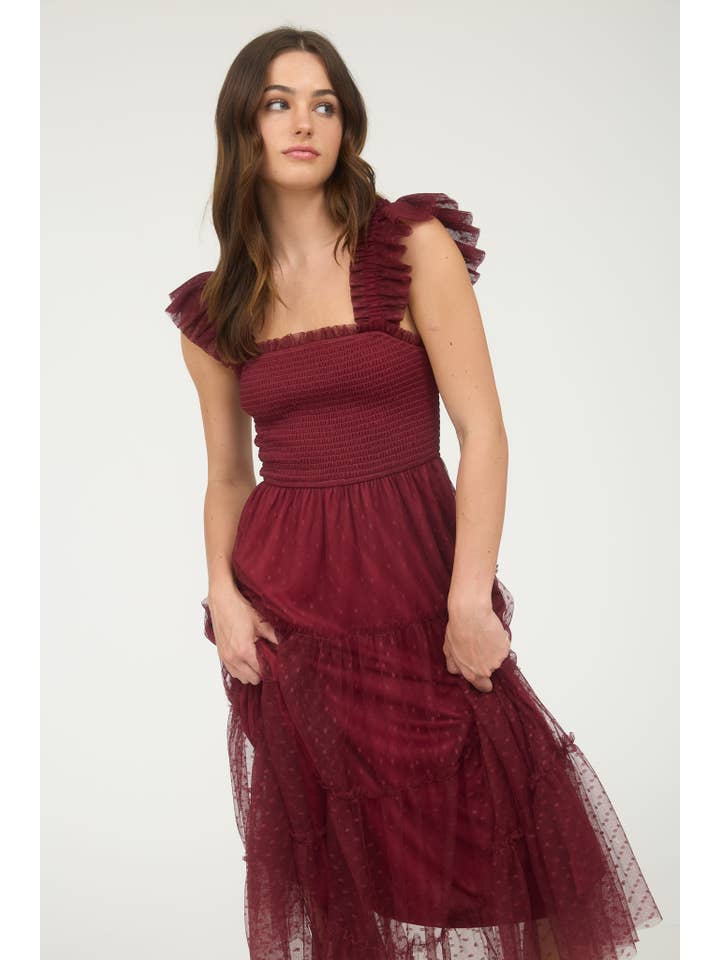 MINE - Vente Robe – femme - ROBE MIDI À VOLANTS FUMÉE EN CHIFFON À POIS