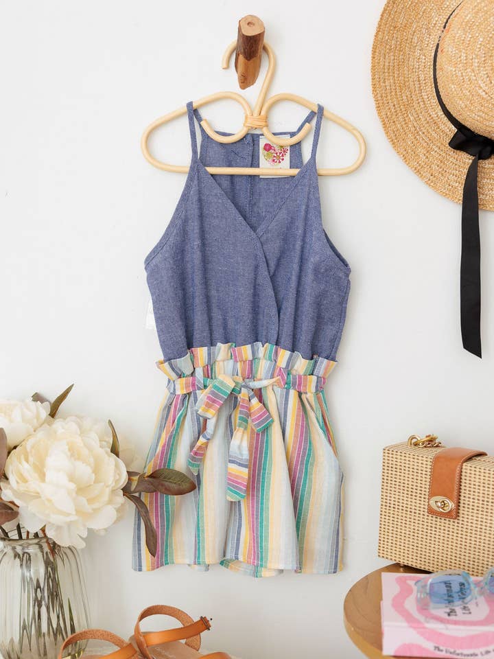 Girls Blue Multi Color Wrap Front Tie Sleeveless Romper for wholesale by Tasha Apparel Wholesale