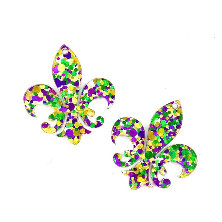 Mardi Gras Glitter Fleur de Lis Acrylic DIY Earring Blanks for wholesale by Piddlin' Supply Co