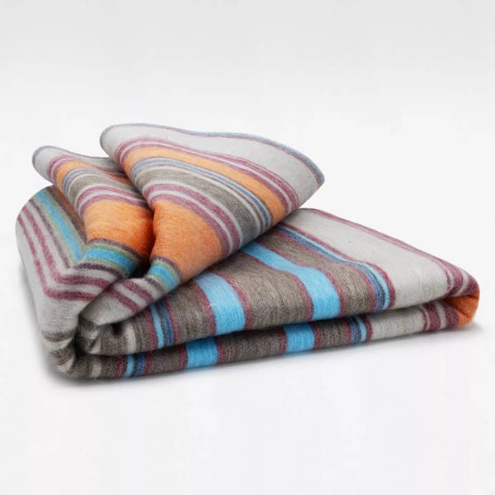 Yacullacta - Baby Alpaca Wool Throw Blanket / Sofa Cover - Queen 96 x 67 in - Multicolor Striped In Orange Blue Taupe for wholesale by ECUALAMA