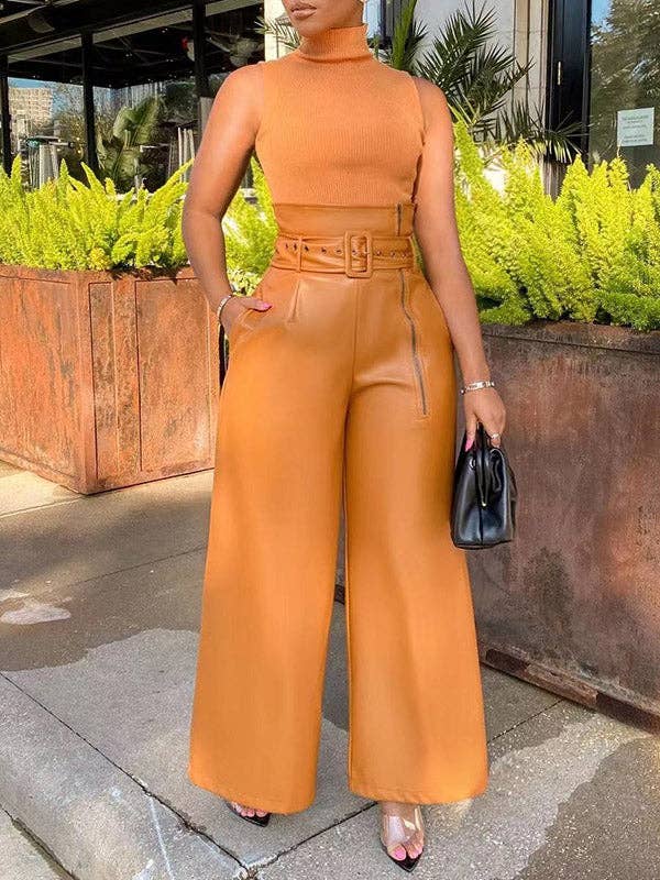 VividLux - Wholesale Pants - Women's - High Waisted Wide Leg Belted Solid Color Zipper Pants Trousers