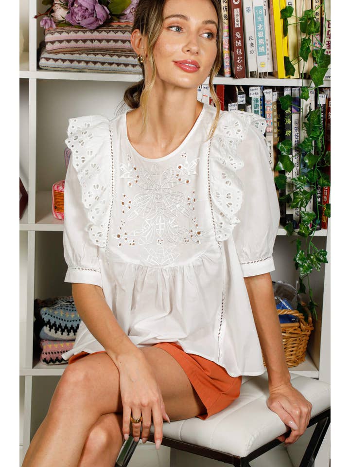 Off White Floral Embroidery Ruffle Detail 100%Cotton Blouse VT31025- for wholesale on Faire4