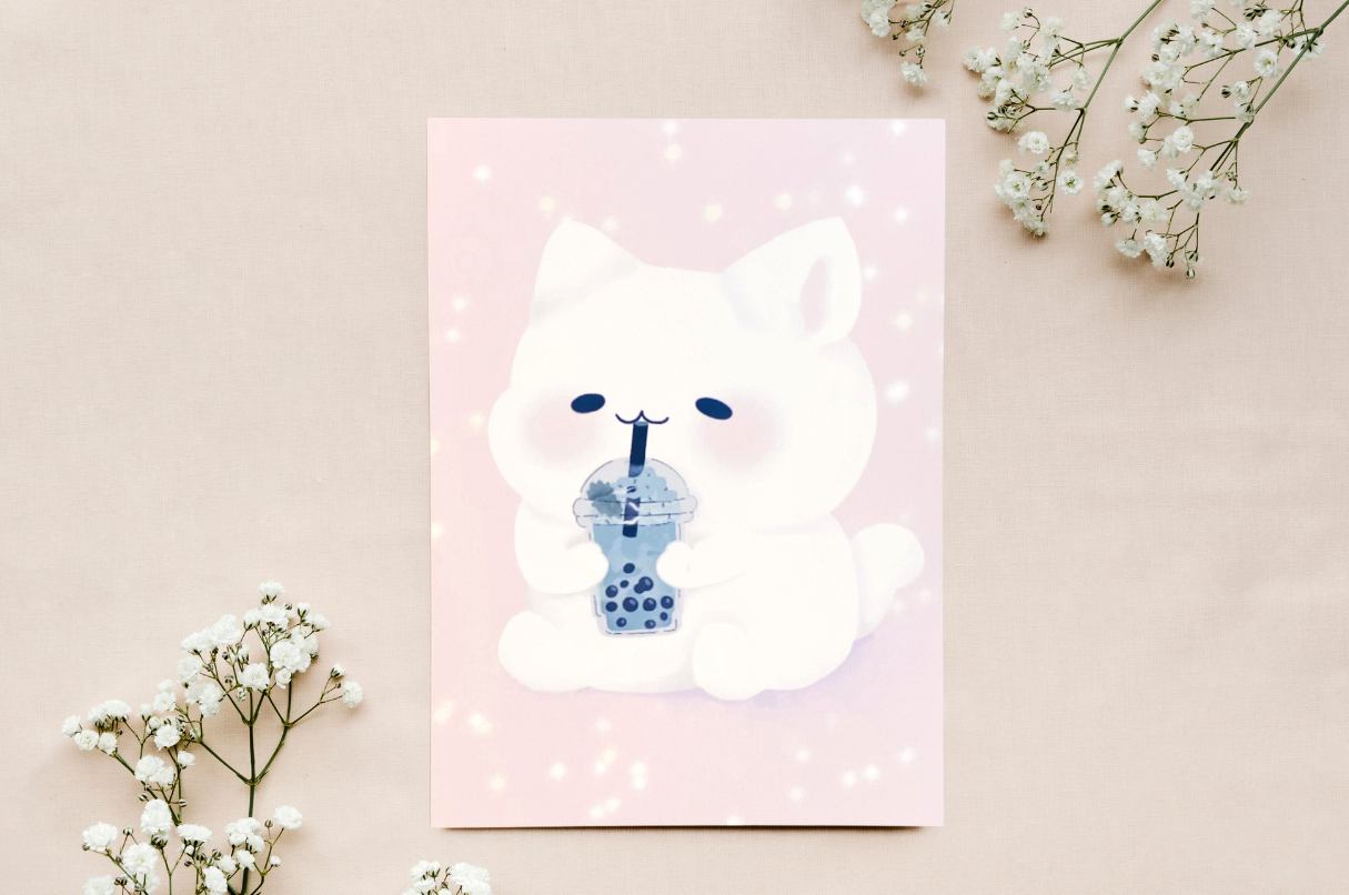 bJenuineCo - Vente Affiche d'art - Impression artistique de chat kawaii mignon et de boba vert2