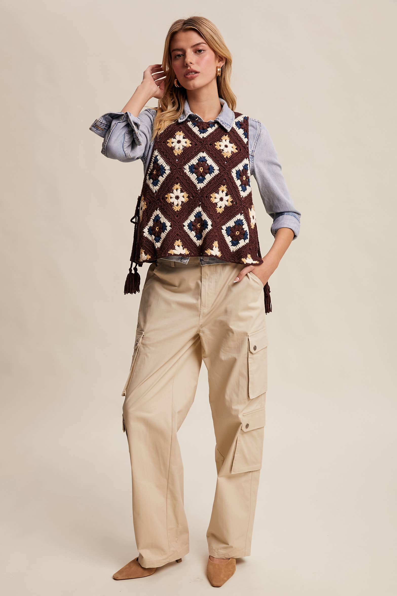 Listicle - Wholesale Sweater Vest - Women's - Crochet Granny Square Tassel Tie Vest LSW10068