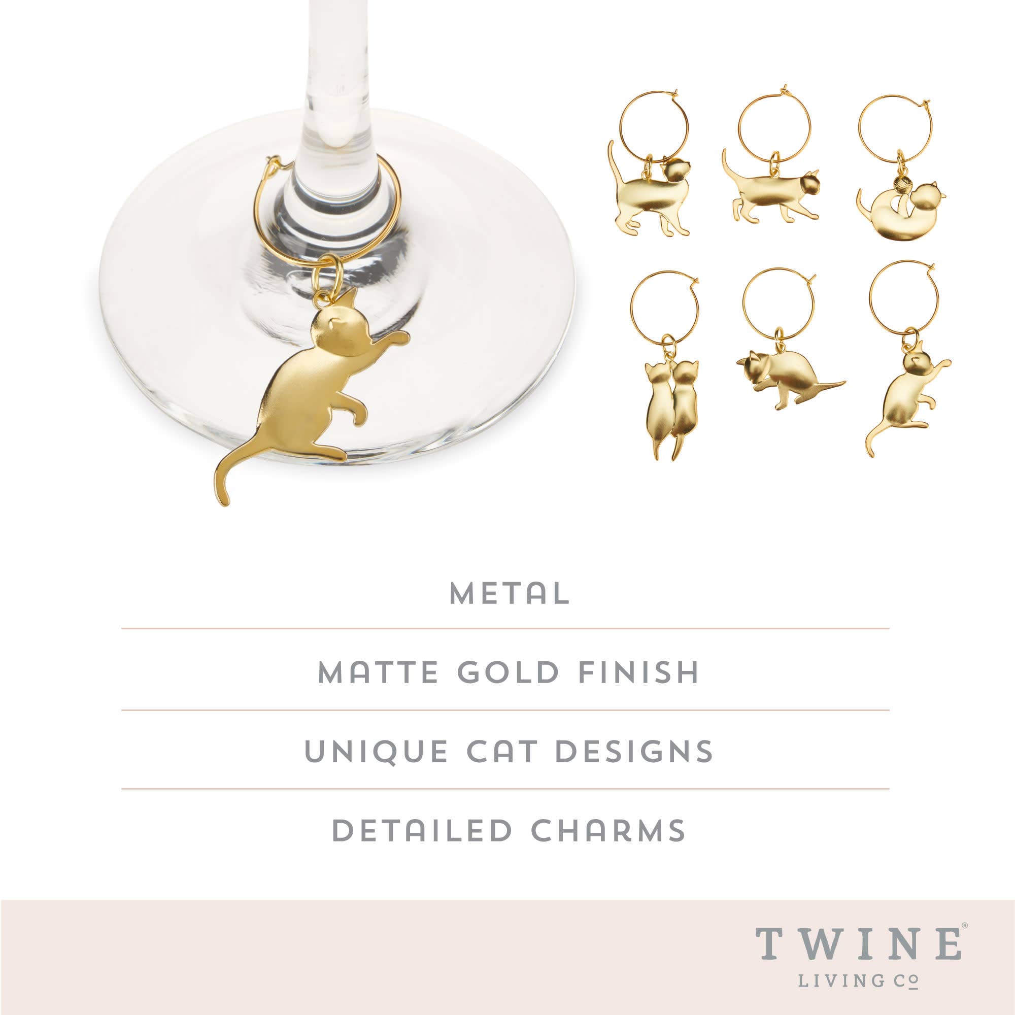 Gold Finished Cat Themed Wine Charms Set of 6 for wholesale on Faire3