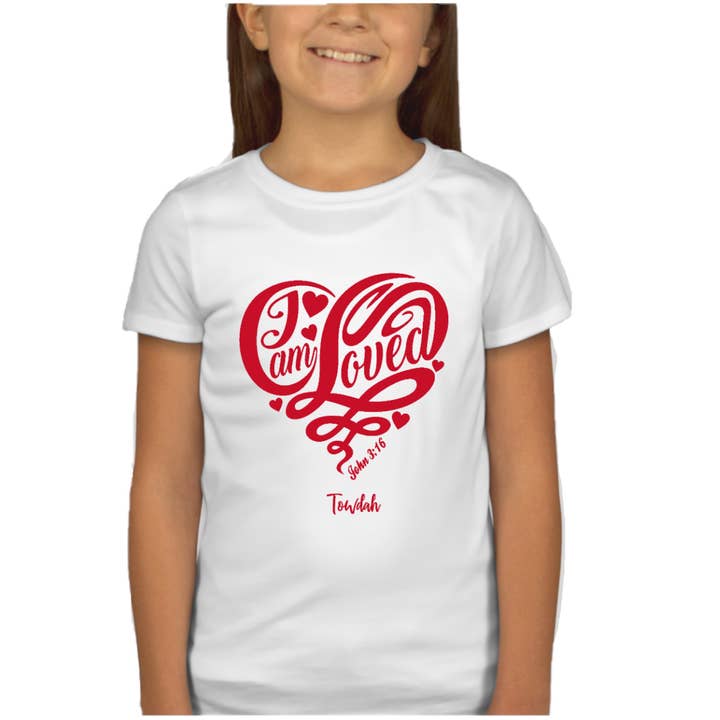 Girls Christian Shirt with Red Heart Design Featuring John 3:16 Loved Bible Verse - Short Sleeve for wholesale by Towdah
